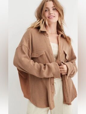 Aerie LumberJane Waffle Shirt Oversized Button Up Brown Tan Womens size Small